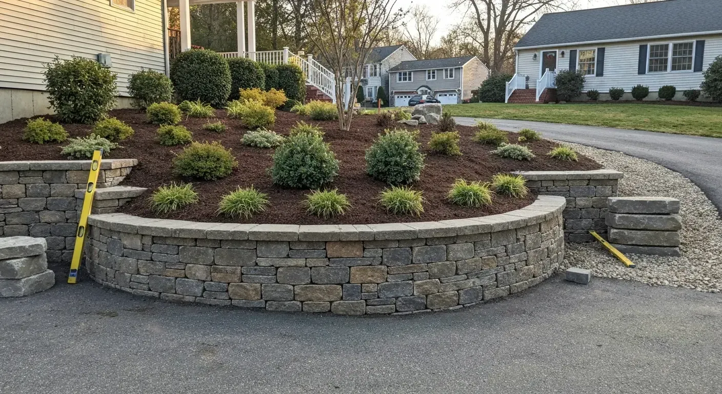 Stone retaining wall around a landscaped garden bed with shrubs beside a driveway and houses