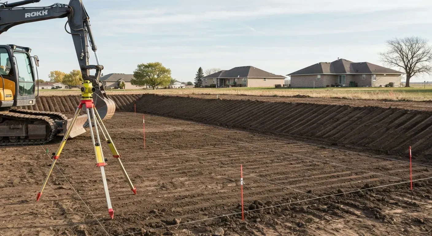 Excavator and survey stakes on a dirt lot at a new housing development site