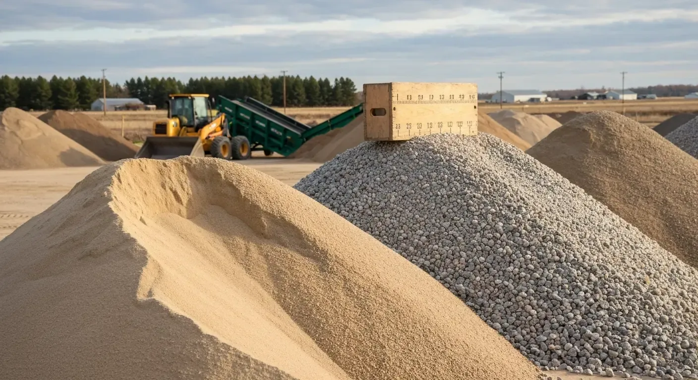 Sand and gravel piles at a quarry with a conveyor and machinery in the background.