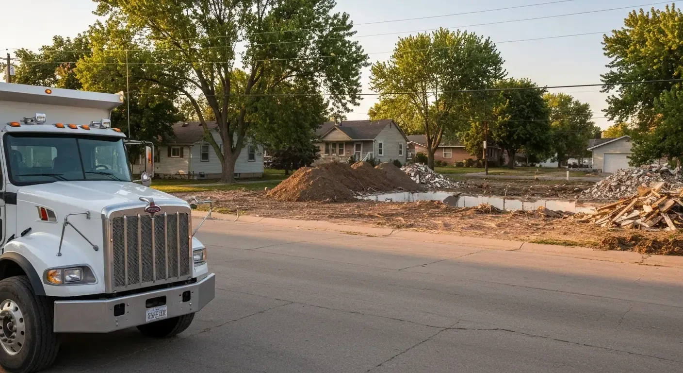 White semi-truck parked on a road beside a construction site with piles of dirt and trees in the background