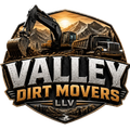 Valley Dirt Movers logo with excavator and dump truck over a mountain sunset backdrop