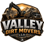 Valley Dirt Movers logo with excavator and dump truck over a mountain sunset backdrop