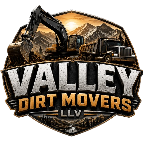 Valley Dirt Movers logo with excavator and dump truck over a mountain sunset backdrop