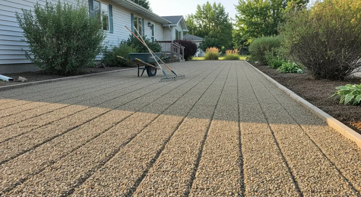 Freshly paved tan-and-gray patterned patio beside a house and garden beds.