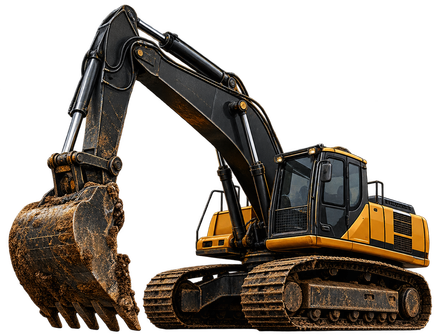 Yellow-and-black excavator with muddy bucket and tracks, isolated on white background