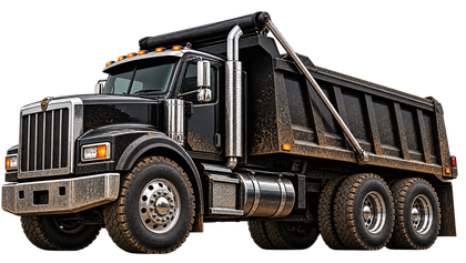 Black dump truck on a white background, shown in side view with raised bed and large wheels