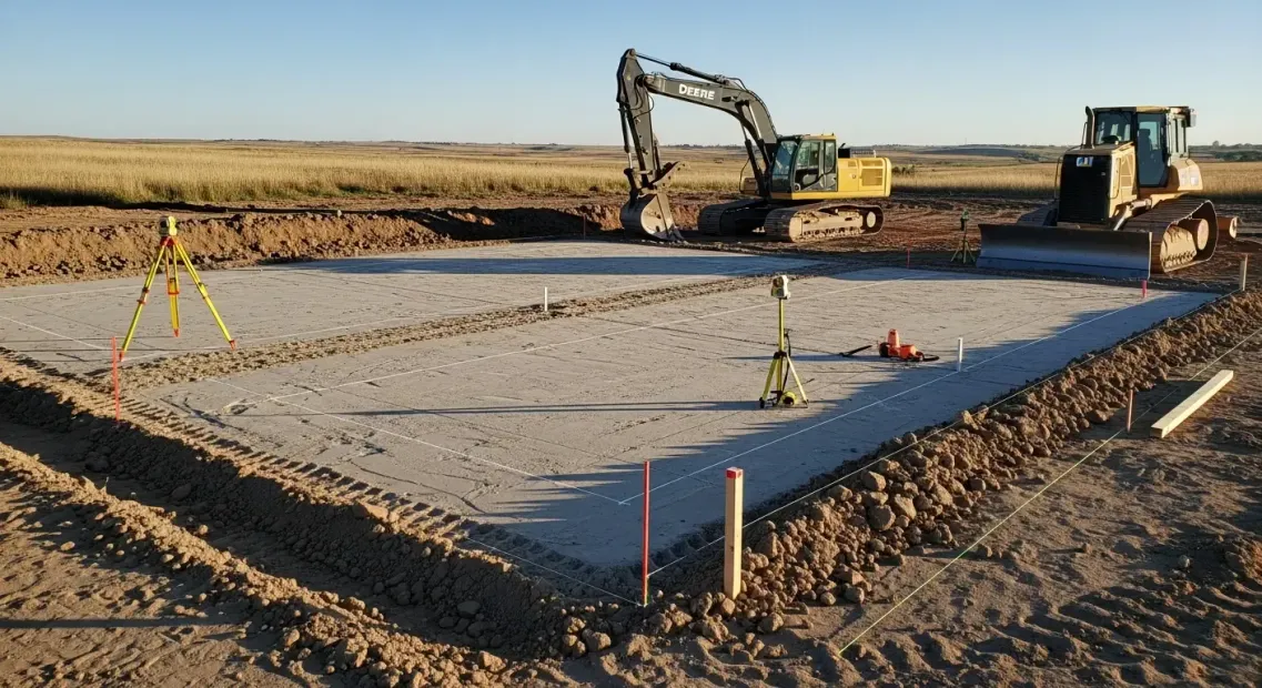 Construction site with excavator and bulldozer grading a concrete slab foundation