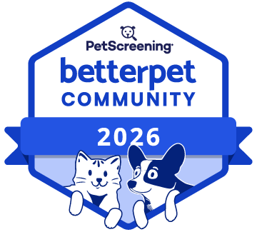 Blue-and-white BetterPet Community 2026 badge with two pet mascots peeking over a ribbon.