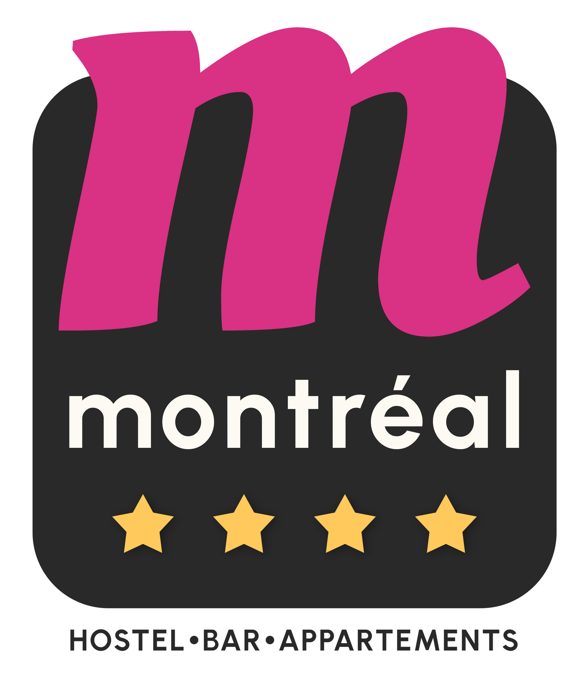 Logo pour auberge à Montréal un « m » rose sur un carré noir arrondi, avec « montréal » en dessous et quatre étoiles dorées.
