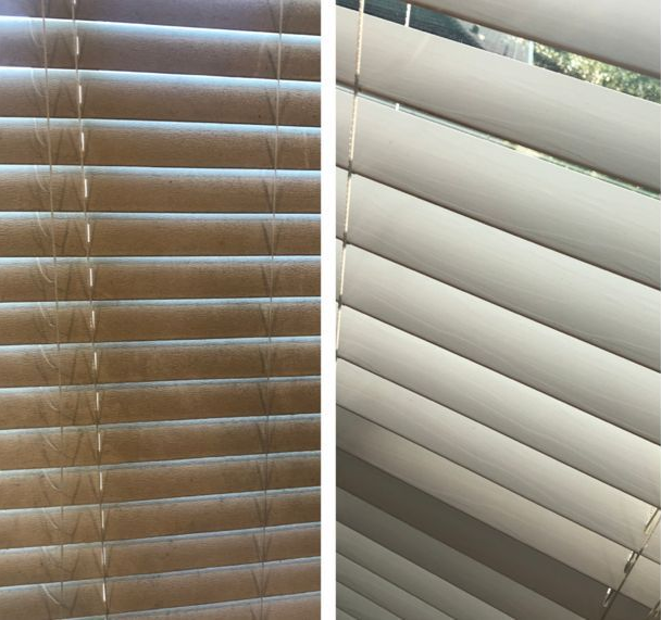 Closed white window blinds with light filtering through, shown in a split view indoors