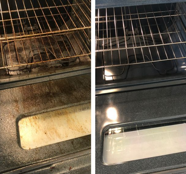 Dirty oven interior with stained rack and glass door window; clean oven interior with bright light and clear rack.