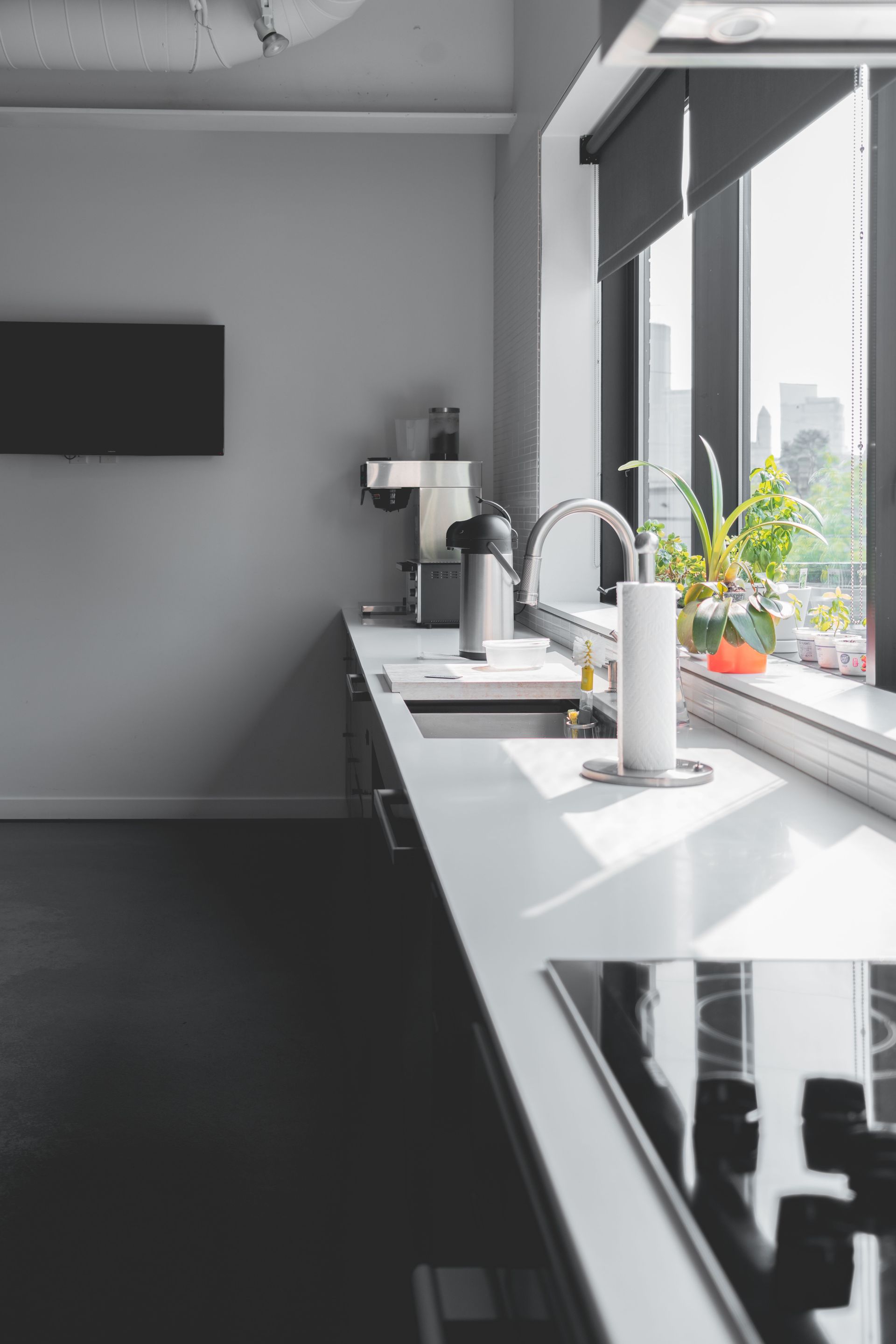 Modern kitchen with a white countertop, sink, potted plants, and large sunlit windows