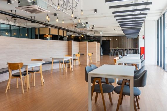 Empty modern café with wooden tables and chairs, white ceiling lights, and a bright open interior