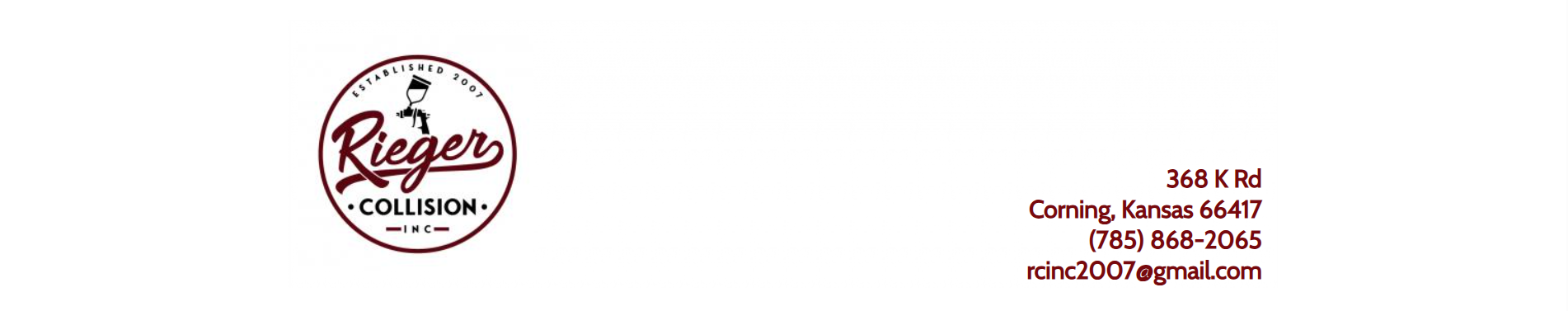 White banner with a circular red logo on the left and small red contact text on the right.