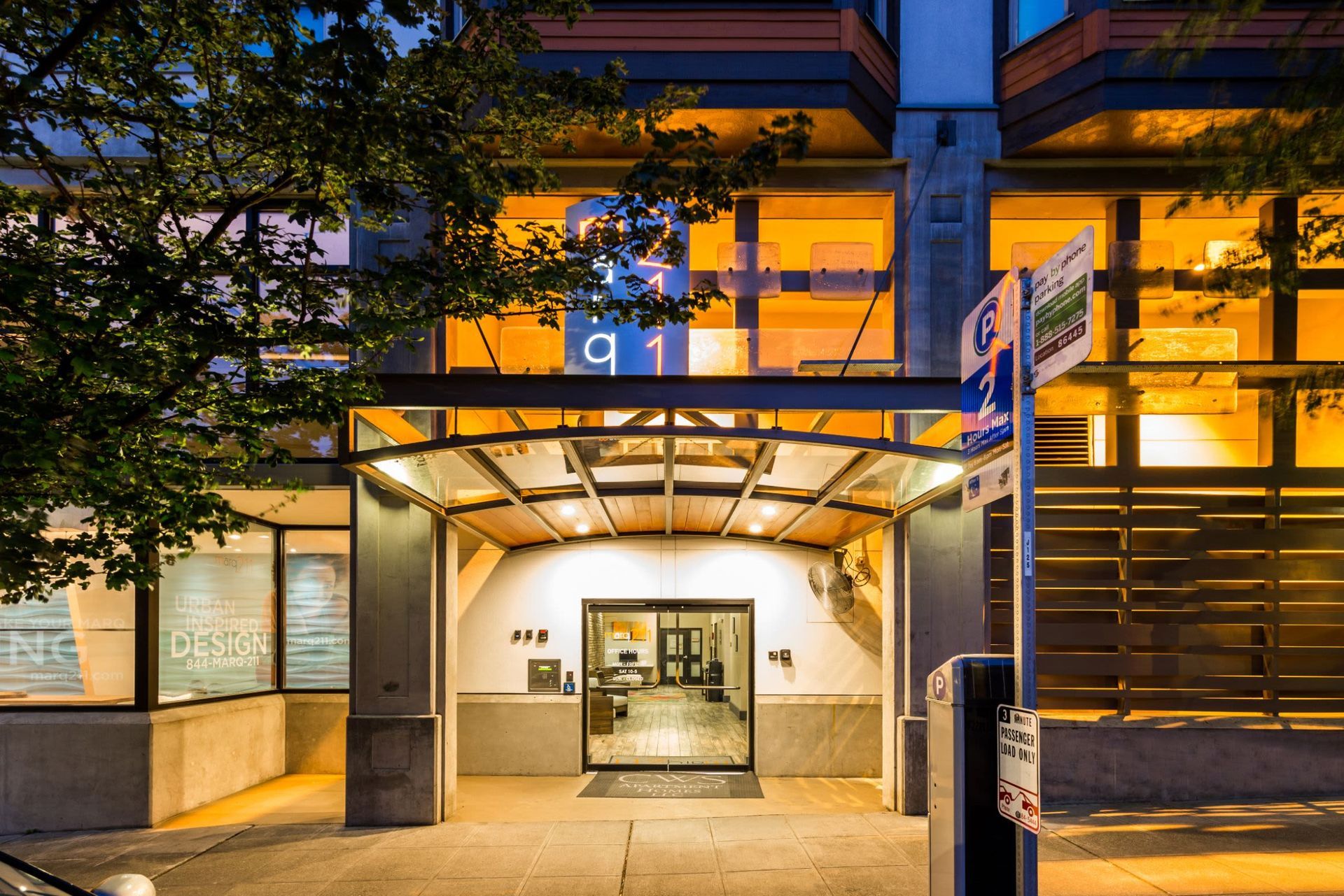 Apartment building entrance at Marq 211 in Seattle, WA.
