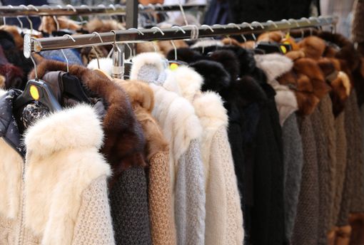 Una selezione di cappotti invernali con vari colli di pelliccia e tessuti a maglia nelle tonalità del crema, del marrone, del nero e del grigio.