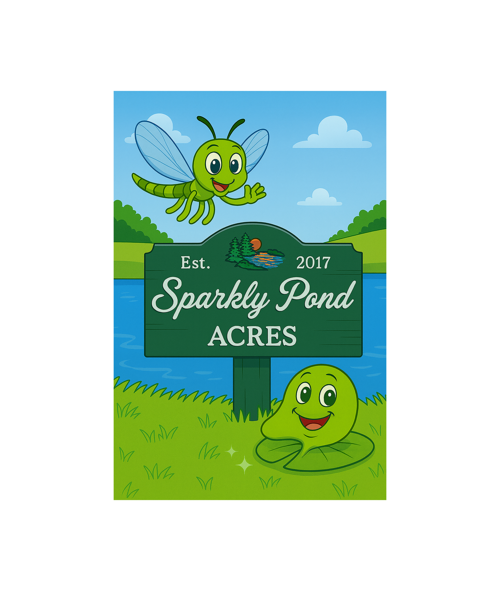 green character Ripplefly the Dragonfly flies over a green sign that reads 