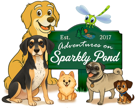 children's book illustration of Sparkly Pond with several dogs sitting in front of the Sparkly Pond sign and Ripplefly the Dragonfly flying overhead.