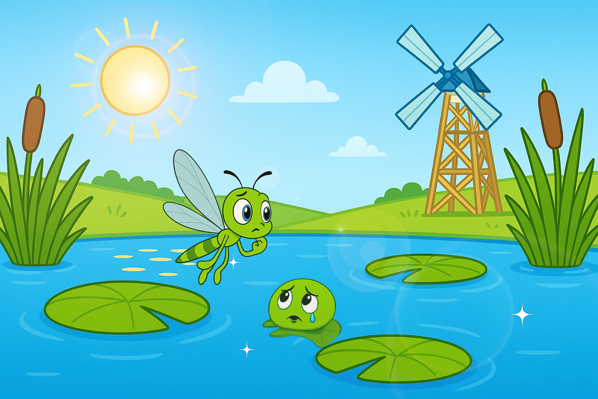 drawing of sparkly pond with ripplefly flying overhead and the sun just rising