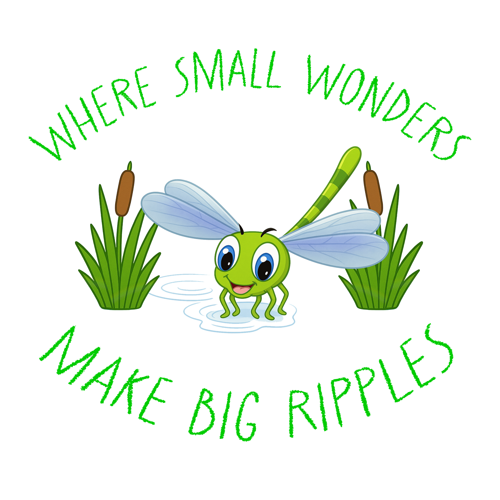 Green text Where Small Wonders Make Big Ripples surround green character Ripplefly the Dragonfly
