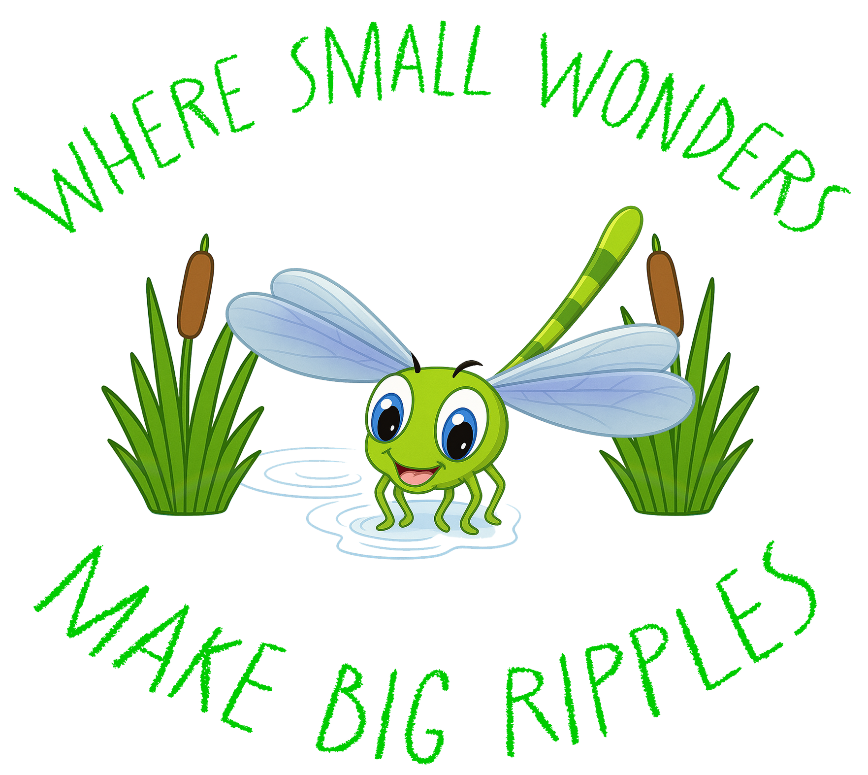 Green text Where Small Wonders Make Big Ripples surround green character Ripplefly the Dragonfly