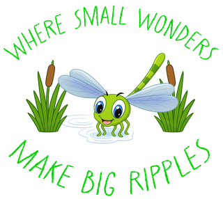 Green text Where Small Wonders Make Big Ripples surround green character Ripplefly the Dragonfly
