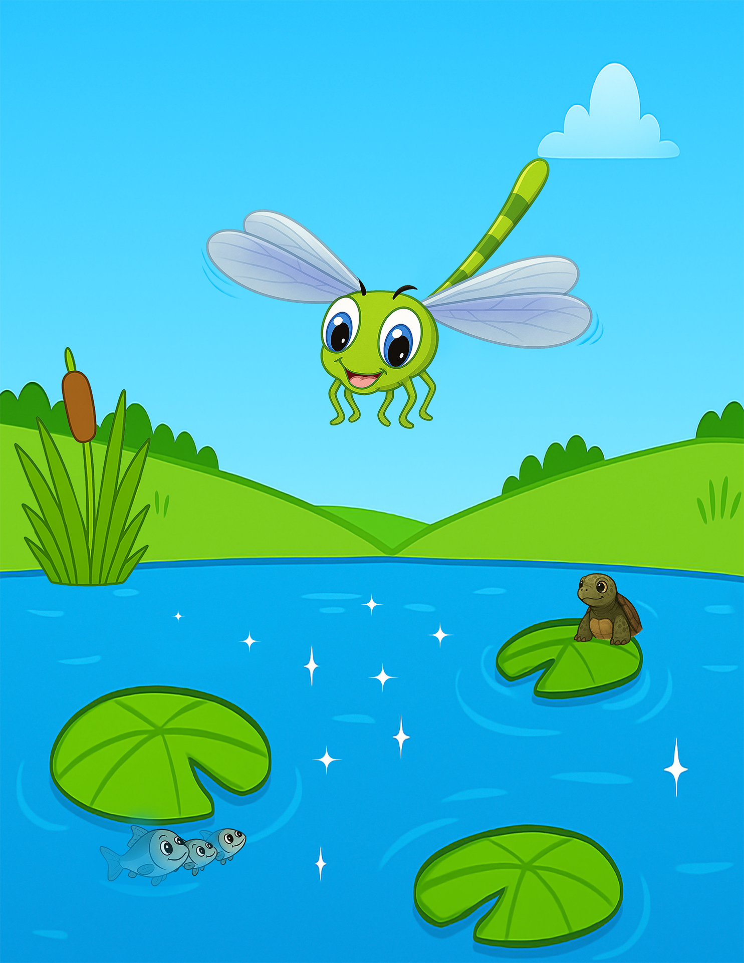 drawing of a dragonfly zipping along a blue pond
