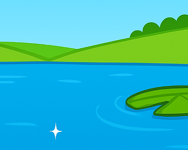 drawing of sparkly pond with blue water, green meadow, and a lily pad in the pond
