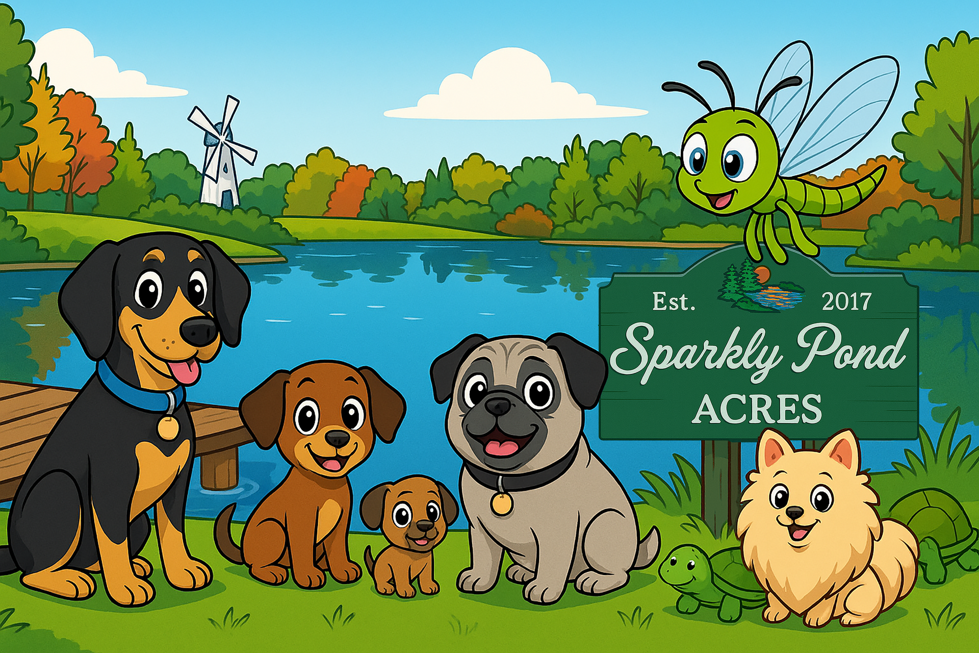 drawing of lillie, annie, maise, bandit, and bella in front of the sparkly pond sign with ripplefly hovering overhead