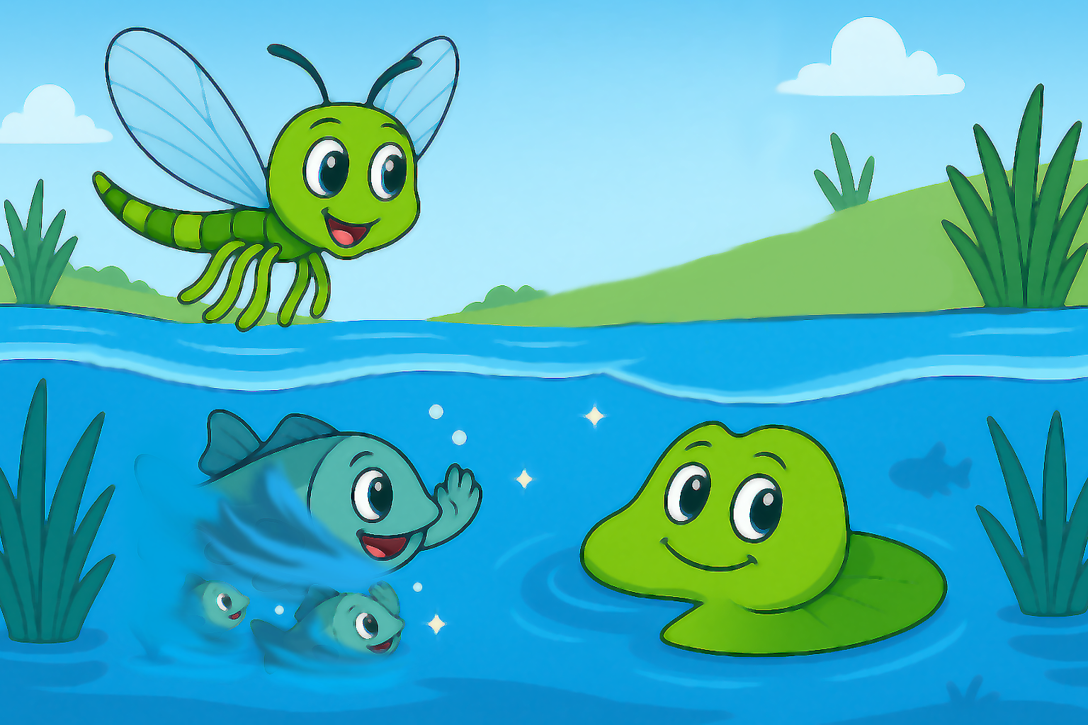 drawing of ripplefly the dragon fly talking to the lily pad with the pond fish waving at the lily pad