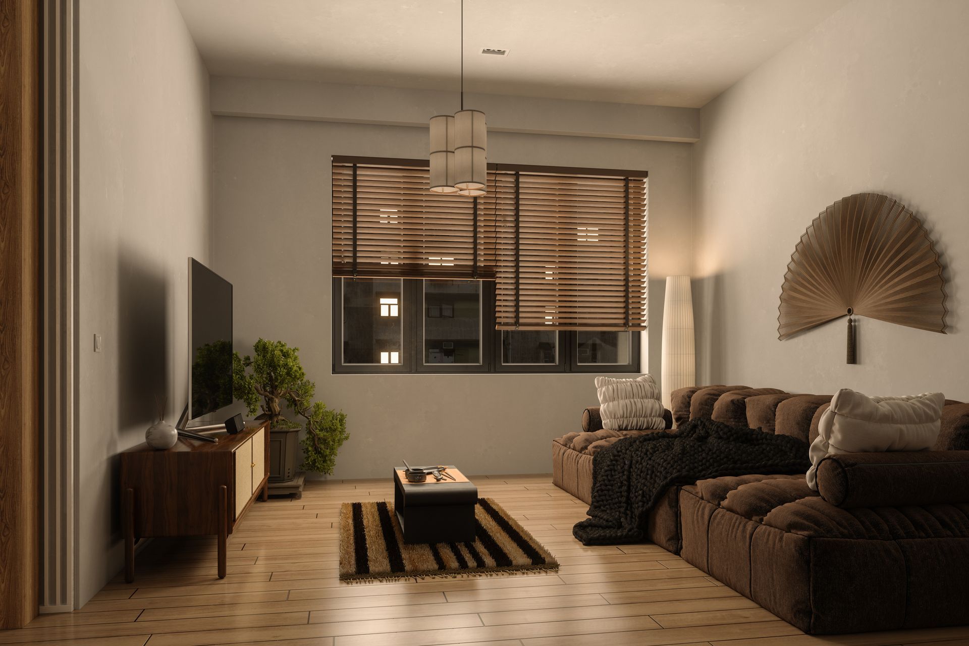 Cozy living room with large windows covered by wooden custom blinds.