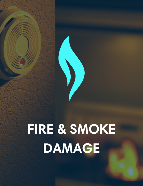 Smoke detector on wall, fire in background; text reads
