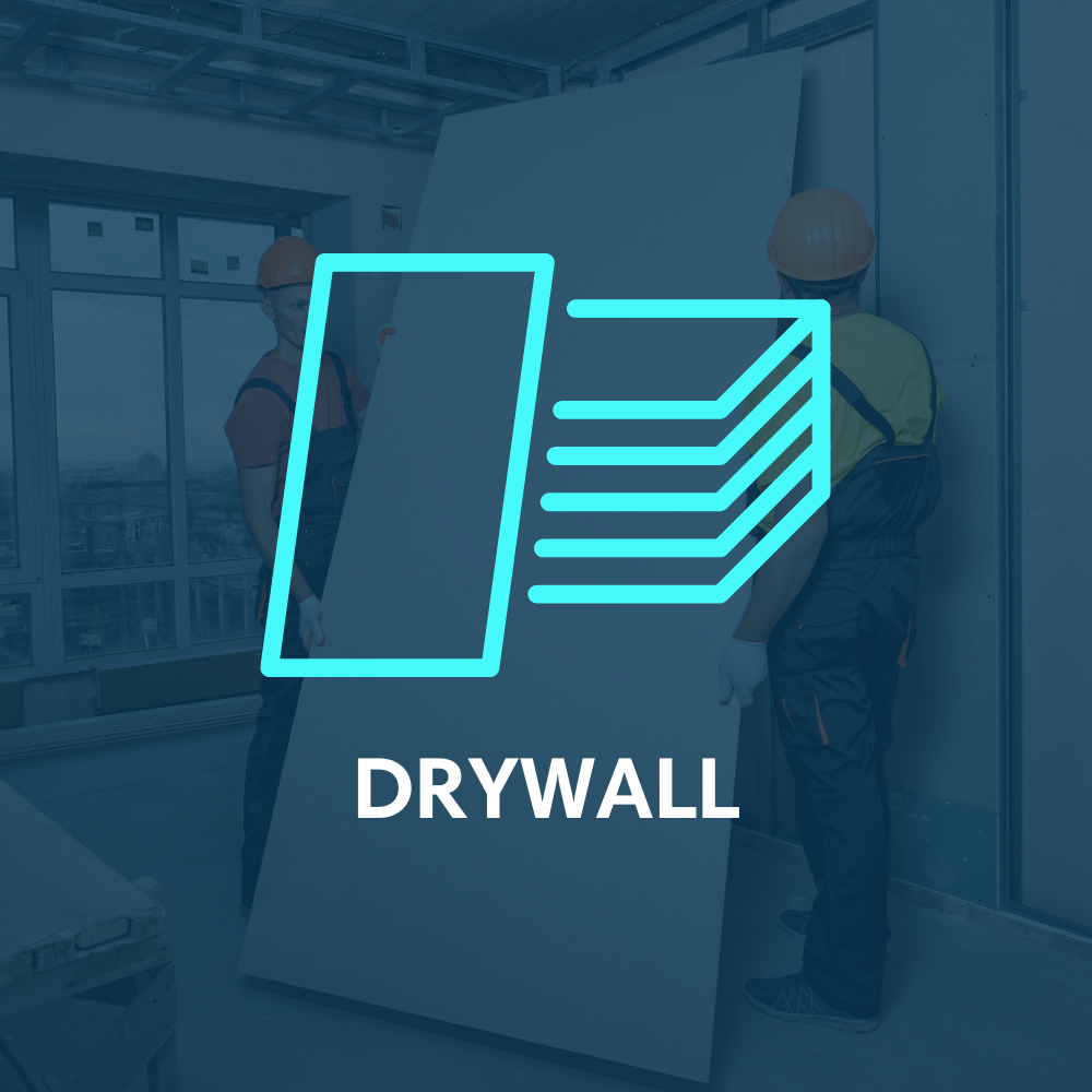 A blue and white logo for drywall with two men standing next to a large piece of drywall