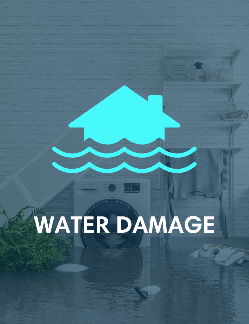 Flooded laundry room; turquoise icon of house on water; text