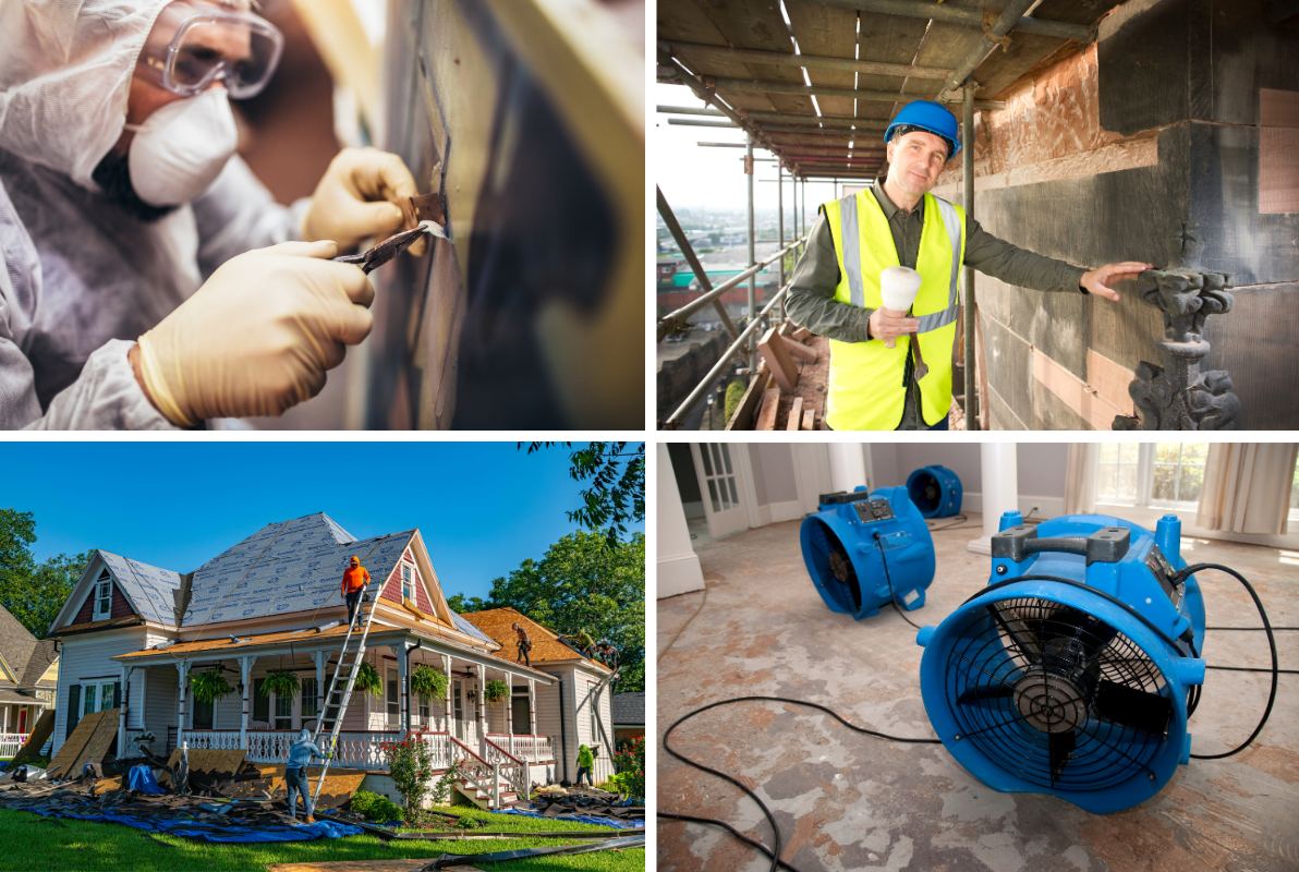 Four photos showing different types of building restoration: asbestos removal, building inspection, roof repair, water damage mitigation.