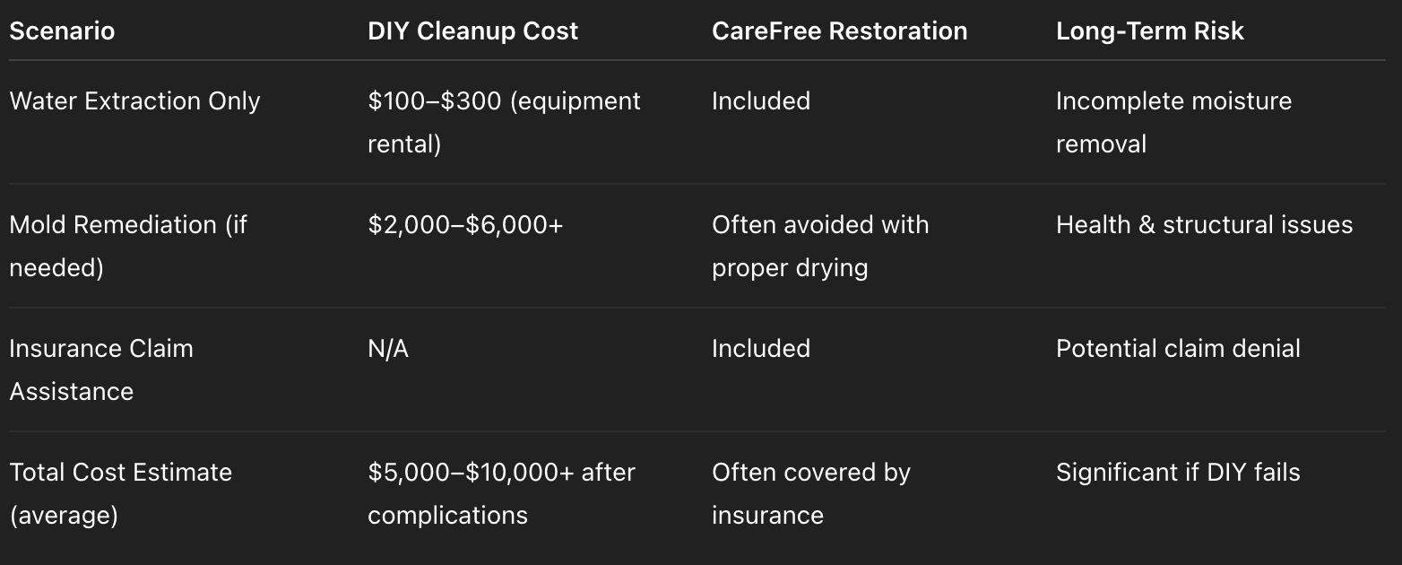 Table comparing water damage solutions: DIY cleaning cost, care/price reduction, and long-term risk.