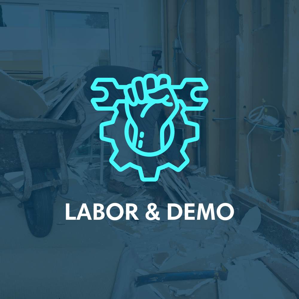 A logo for labor and demo with a hand holding a gear.