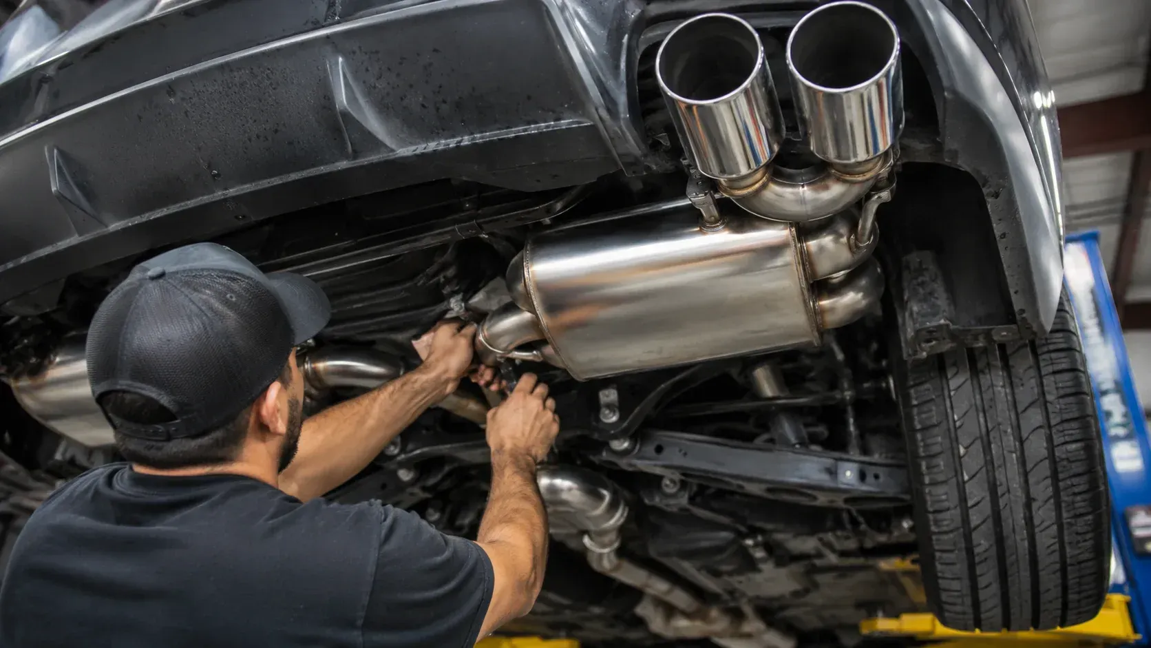 Mechanic installs piping to show how much does a custom exhaust system cost.