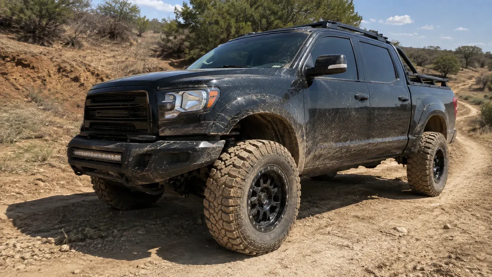Black truck on dirt trail: what wheel size is best for off-roading trucks?