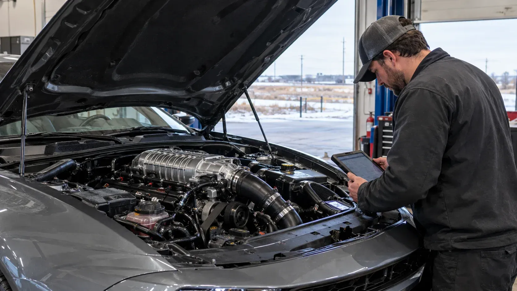 Mechanic checking supercharged engine under hood for cold Panhandle winter air post.