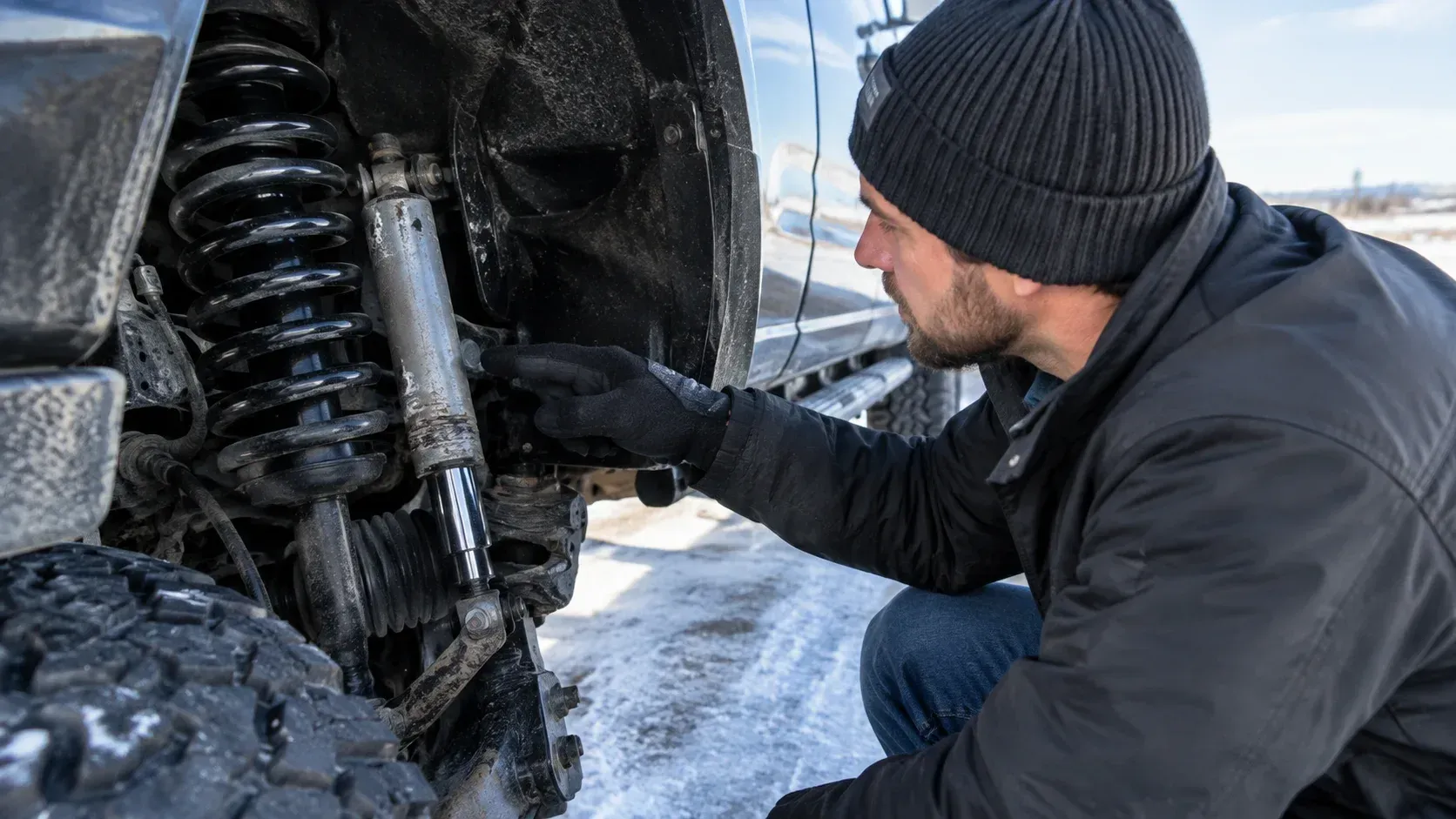 Technician checking worn suspension parts and coil springs in an automotive service center.