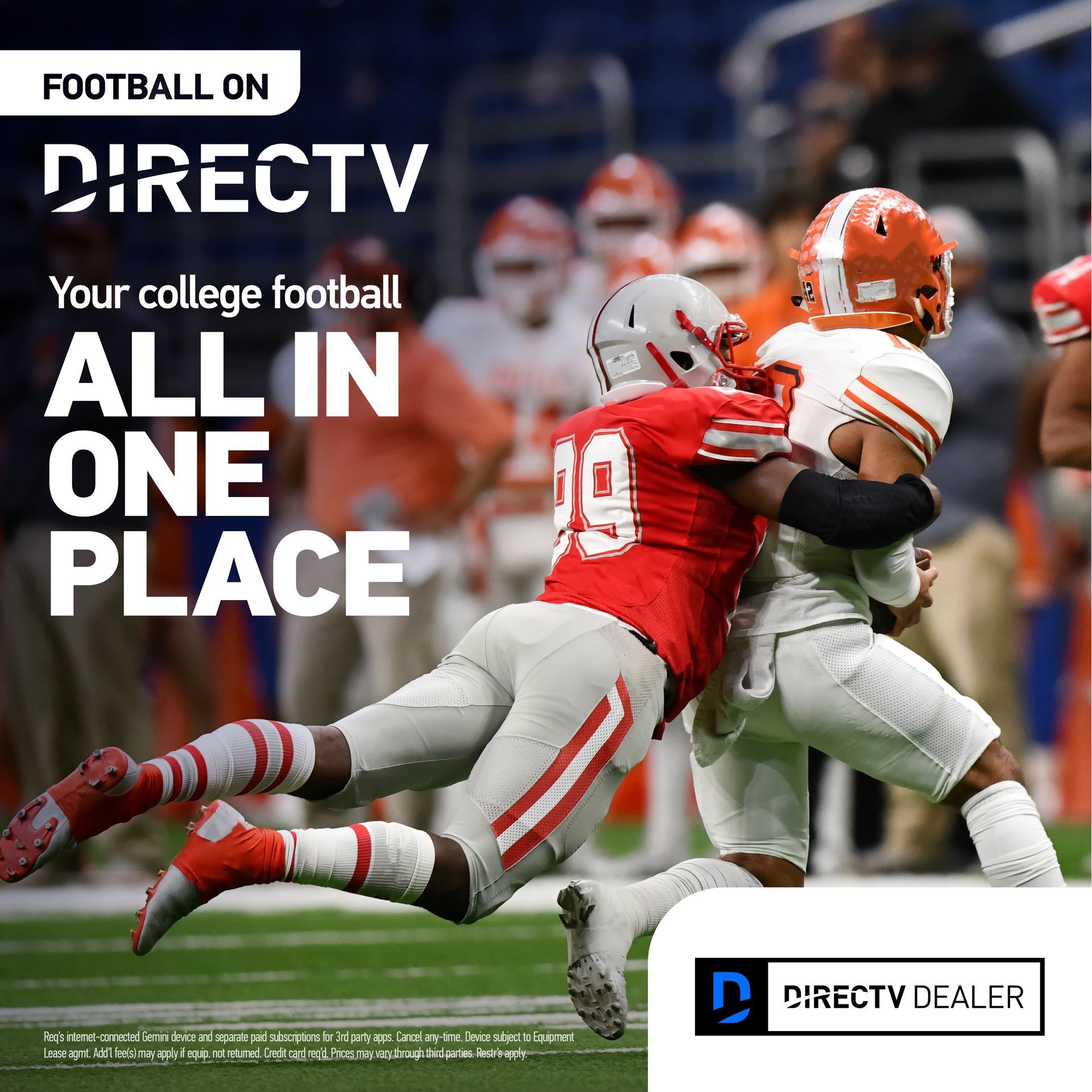 DIRECTV ad with college football players tackling and text “All in One Place”