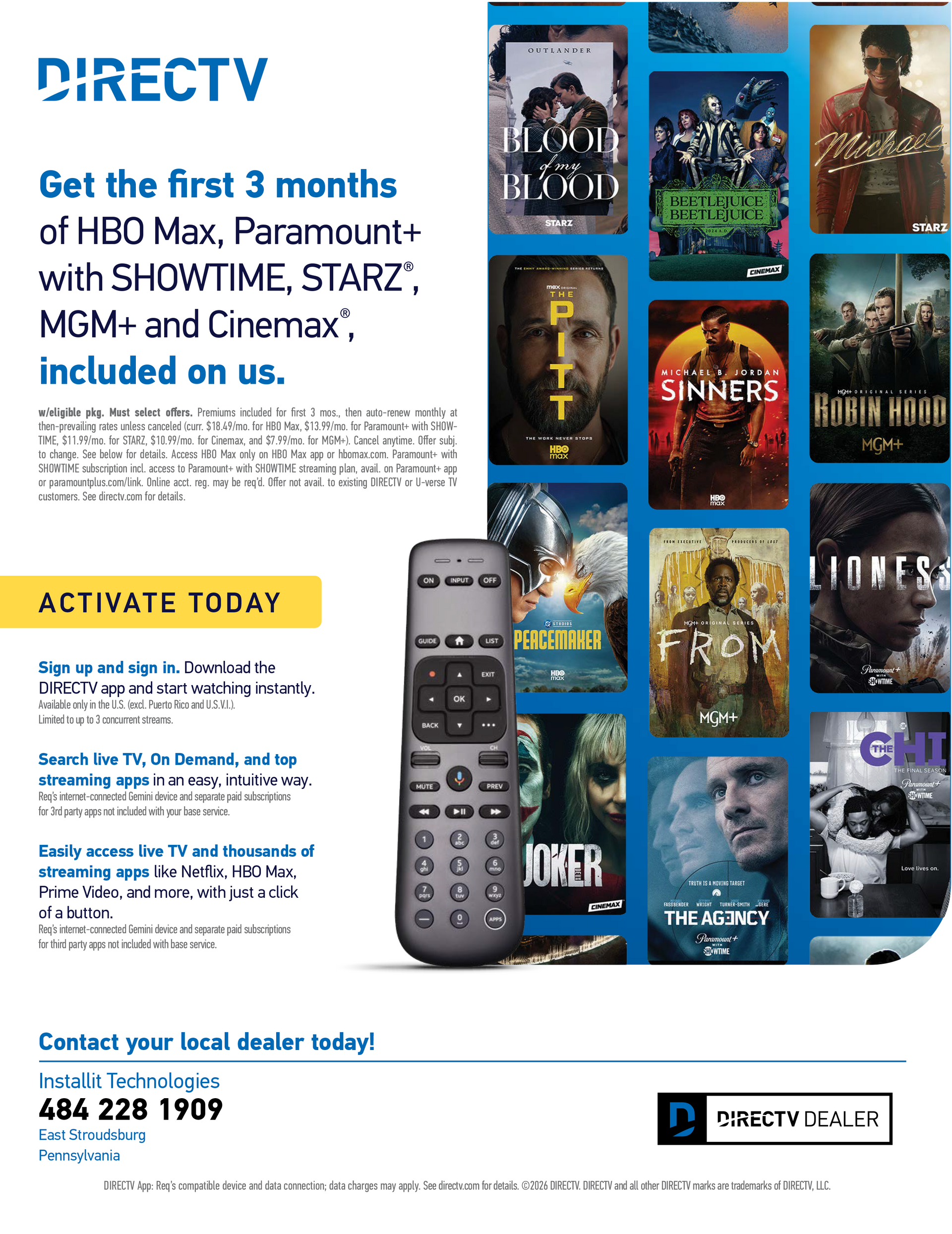 DIRECTV ad promoting 3 months of HBO Max, Paramount+, MGM+ and Cinemax, with TV show posters and a remote.