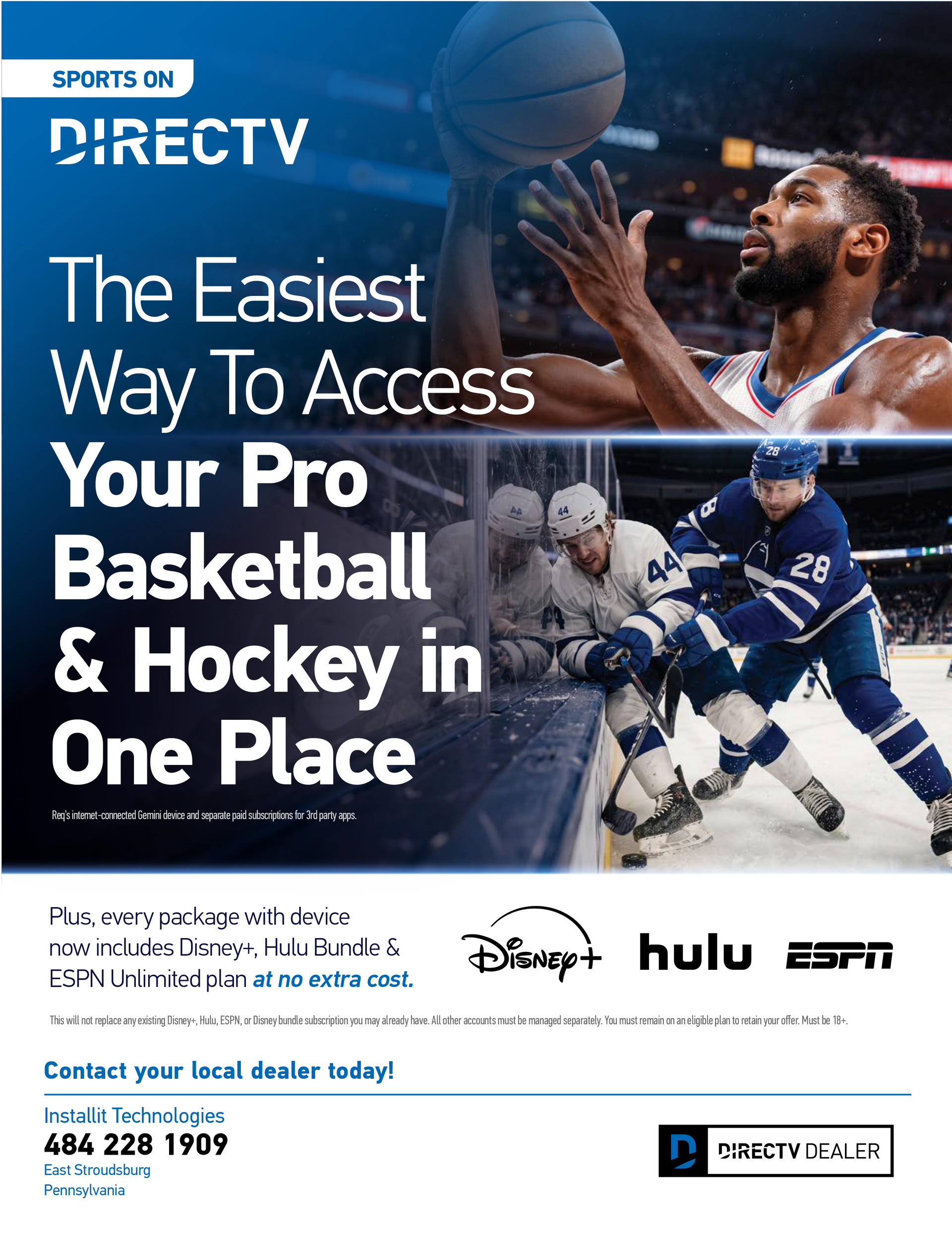 DIRECTV ad for NBA, NHL and Disney sports streaming with basketball and hockey players on a blue background