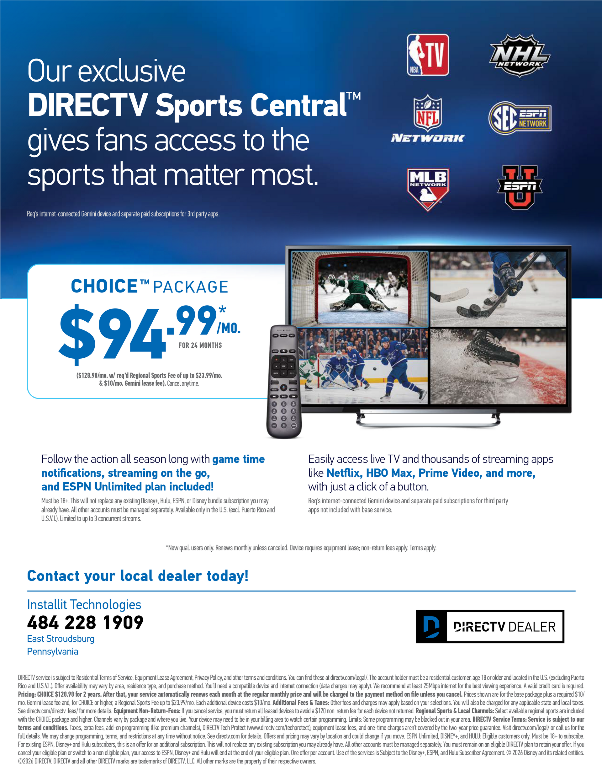 DIRECTV Sports Central ad with TV screens, remote, and sports league logos; $94.99 choice package offer