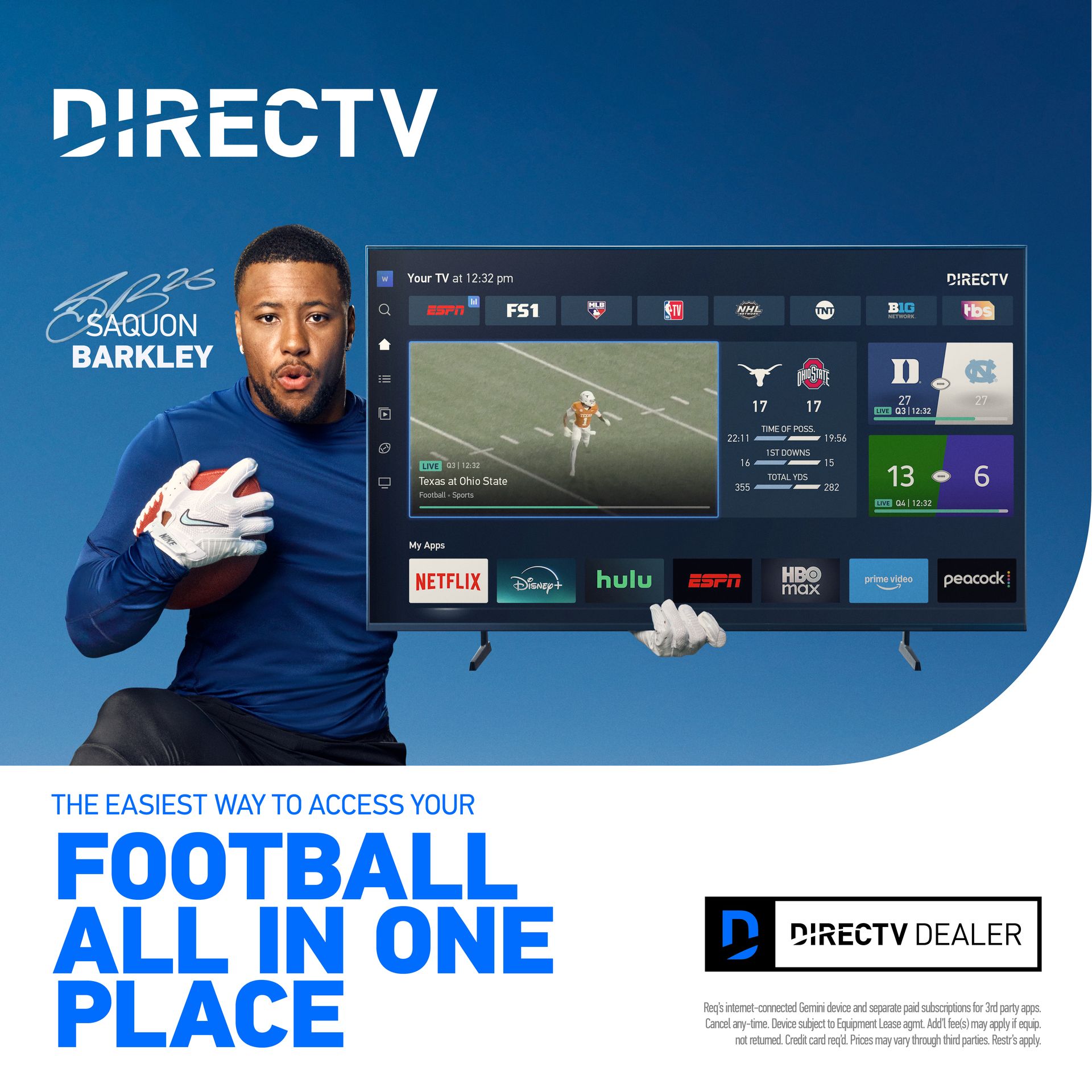 DIRECTV football promo with Saquon Barkley, TV sports grid, and “The easiest way to access your football all in one place” text