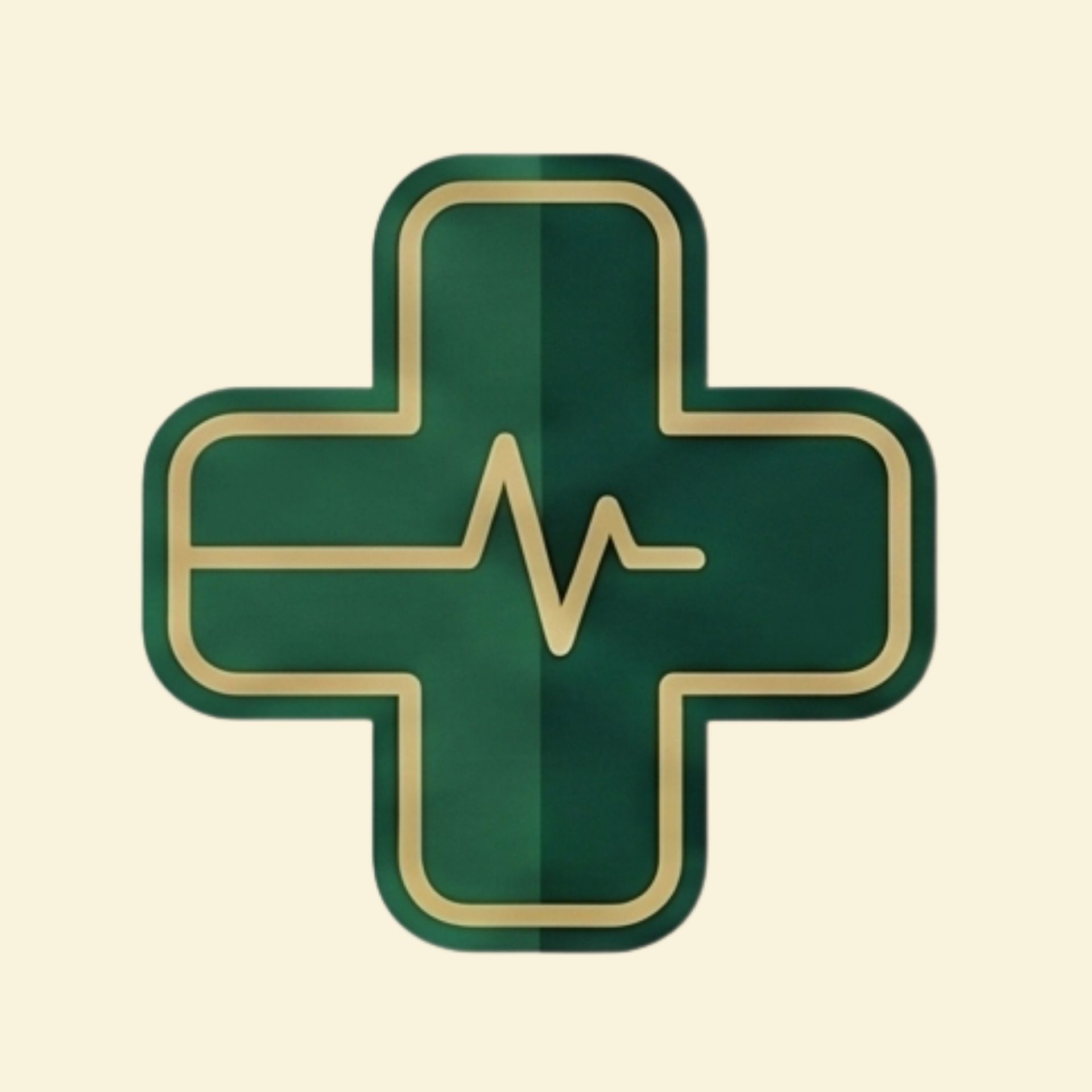 Green medical cross icon with a white heartbeat line on a cream background