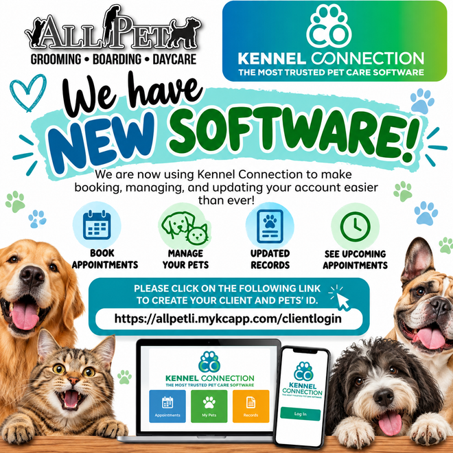 All Pet Home and Kennel Connection software promo for booking and updating pet records, with pets and blue-green graphics