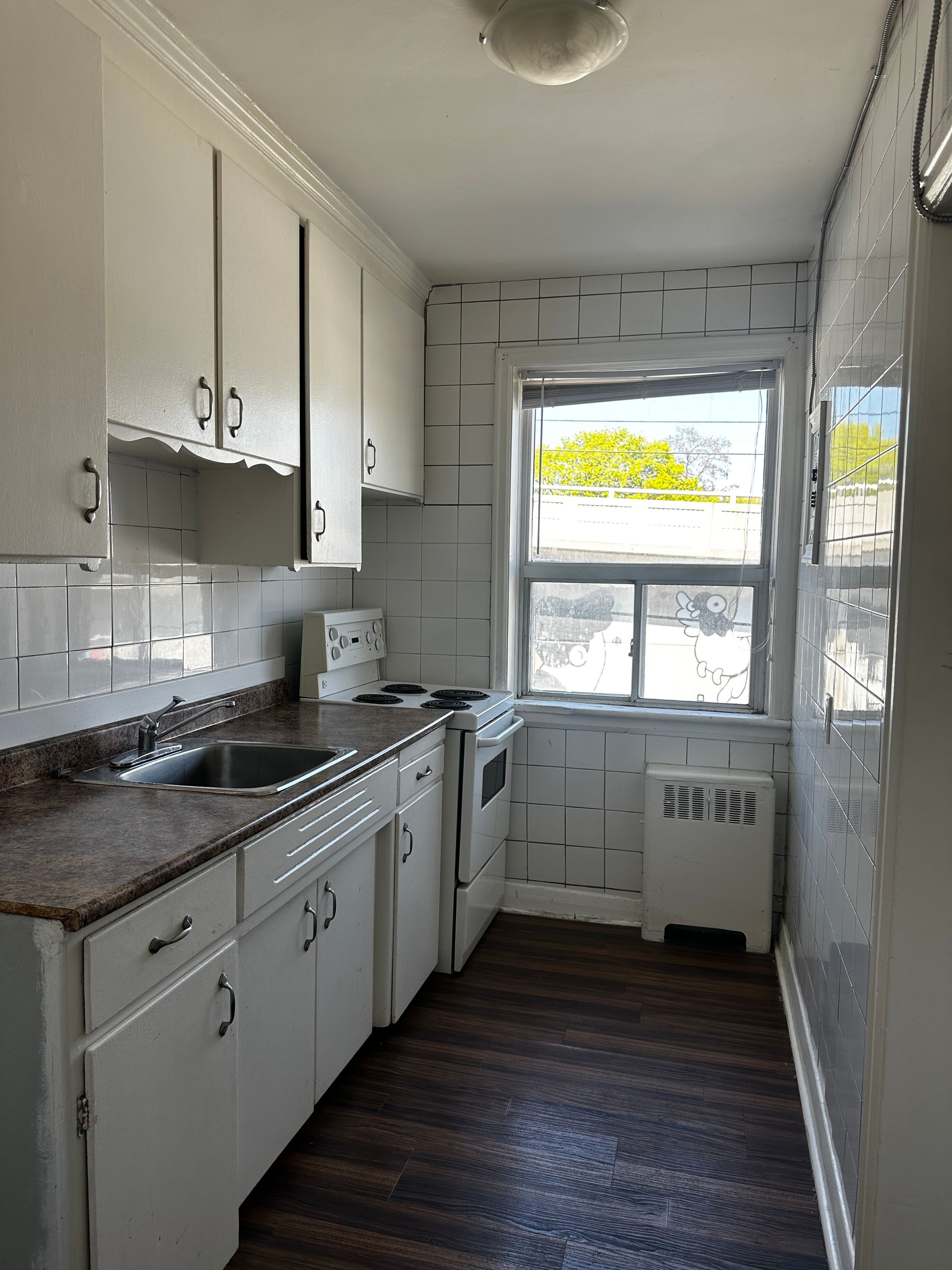 Narrow white galley kitchen with cabinets, countertop, window, and dark striped floor rug
