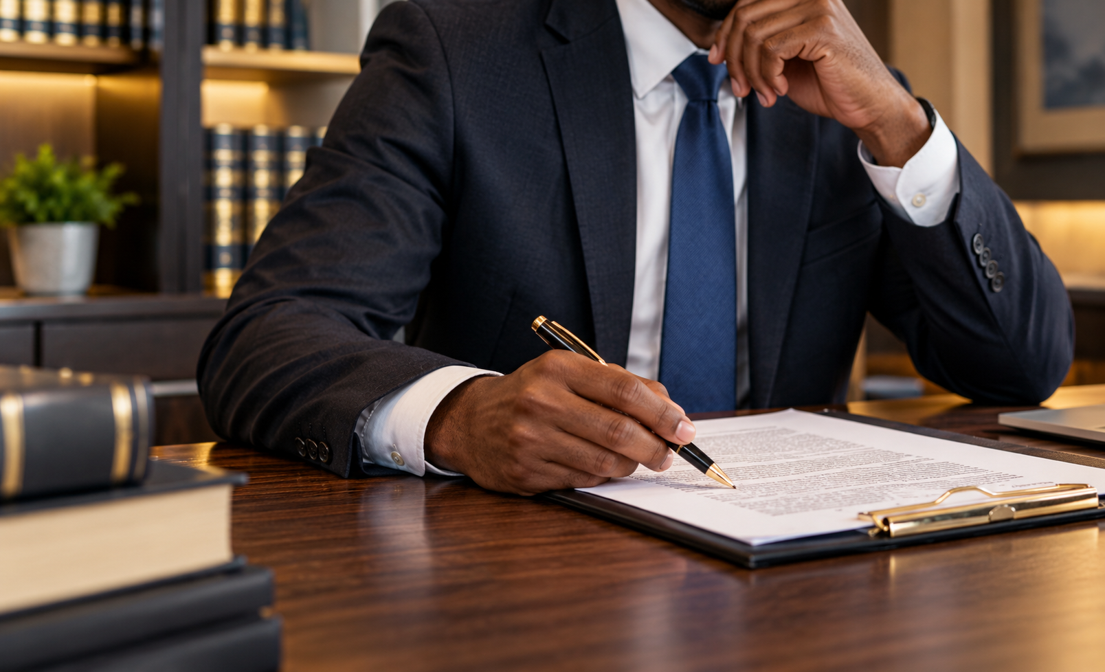 Businessperson signing a document at a wooden desk in an office